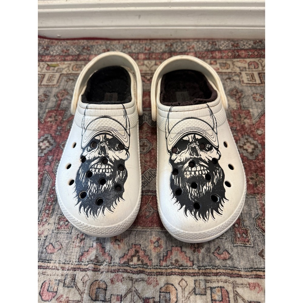 Crocs Classic Lined Clog White Bearded Skull Graphic Mens 9 Womens‎ 11 Slip On